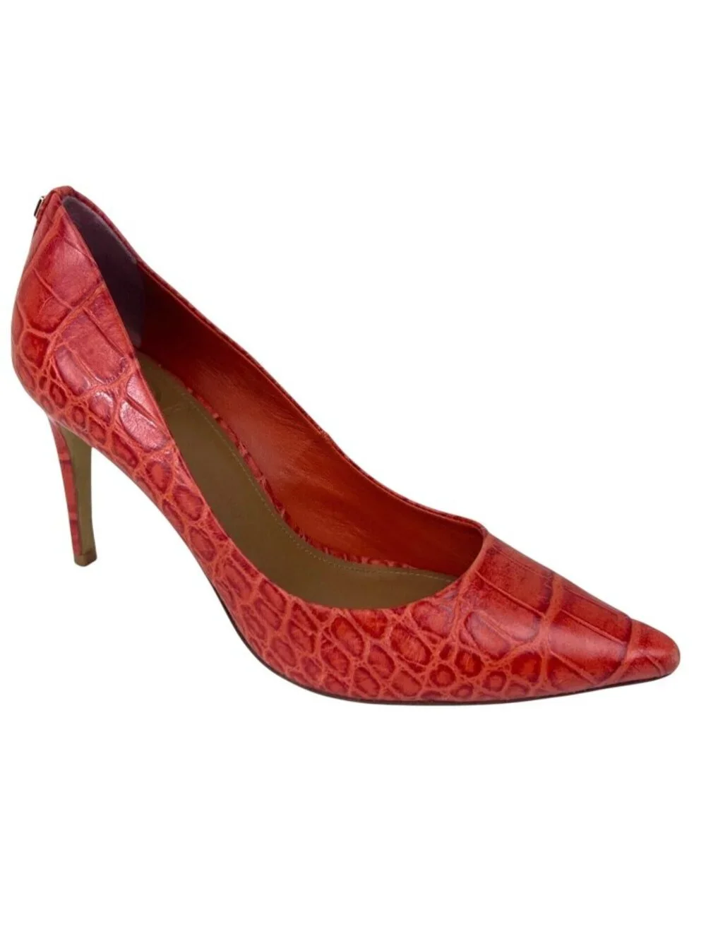 Tory Burch Stiletto High Heels Sz 7M Coral Red Croc Embossed Leather Pointed Toe